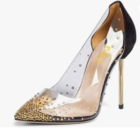 FSJ Black Studded Pointed Toe Transparent Pumps High Heels Shoes - Picture 1 of 8